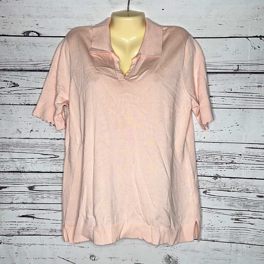 Isaac Mizrahi Live! Size L Pink Scalloped Trim Short Sleeve Collared Sweater Top